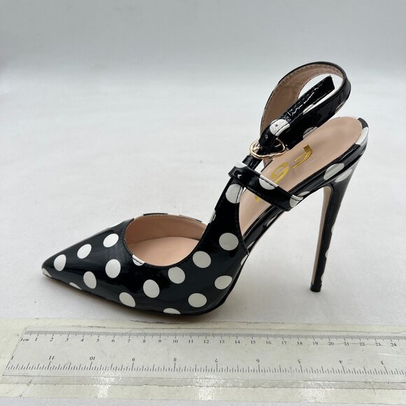 FSJ Black and White Dots Pointed Toe D'Orsay High Heel Slingback Pumps Sandals - Picture 2 of 8